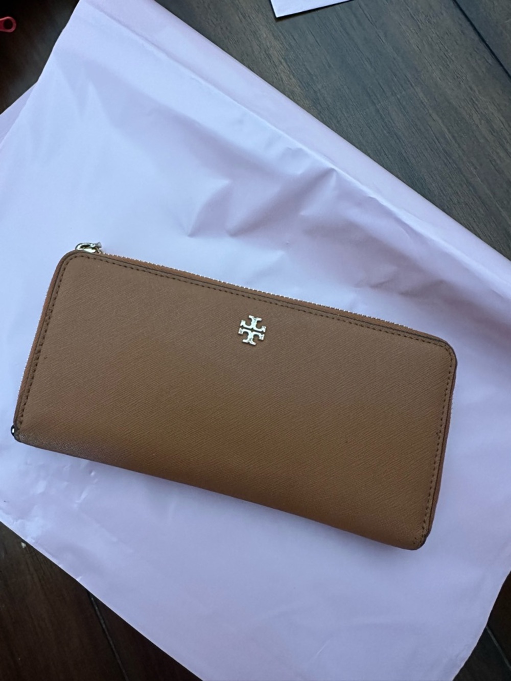 Tory Burch Cognac Zip-Around Saffiano Leather Wallet